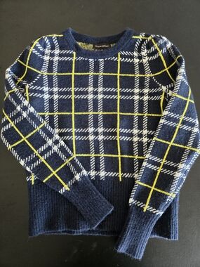 Banana Republic Navy Plaid Puff Sleeve Wool Blend Knit Sweater S